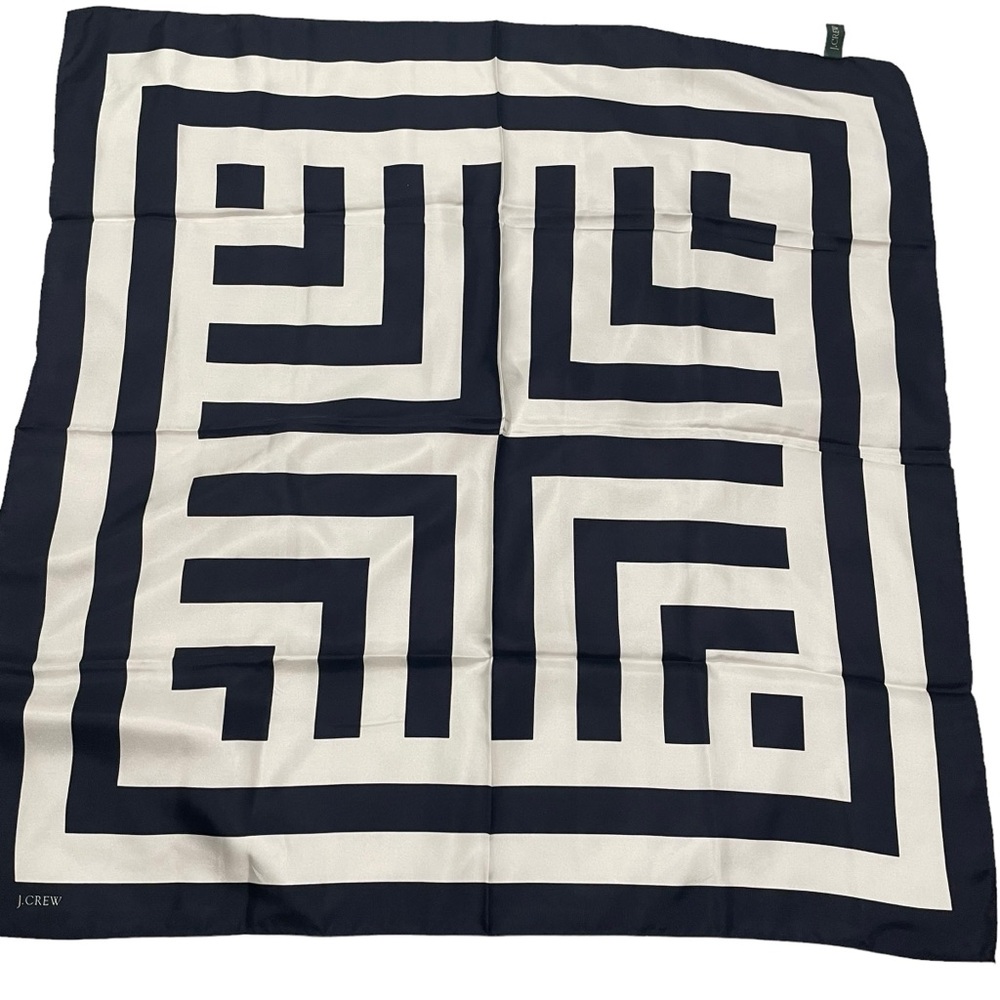 J. Crew 100% Silk Navy & White Geometric Pattern Square Scarf 34”